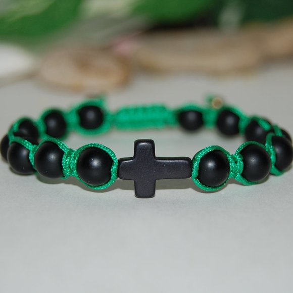 Cross Bracelet,Onyx Bracelet,Drawstring Bracelet,Black Cross Bracelet,Onyx Stone - Picture 1 of 3